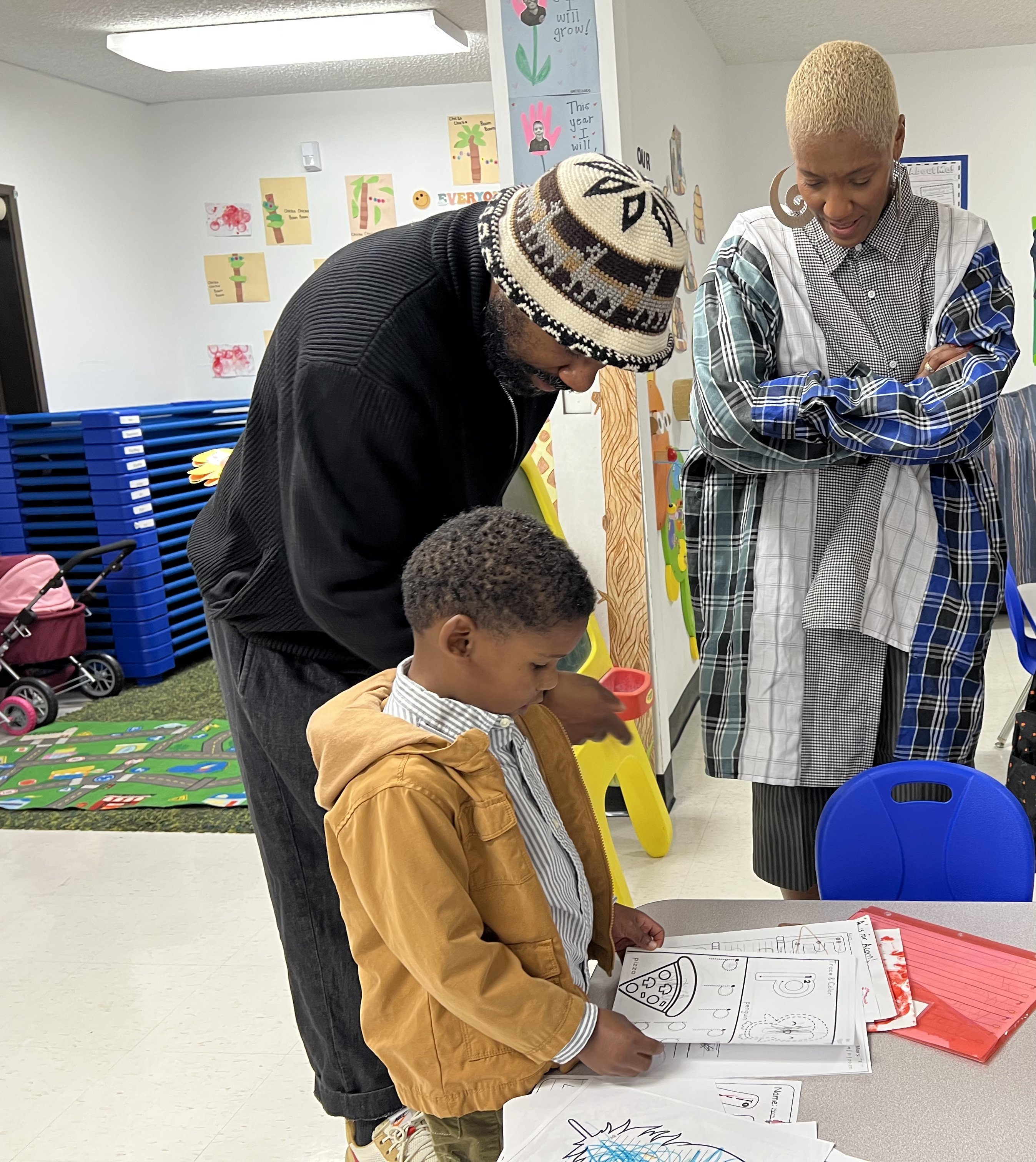Family reviewing student work at open house